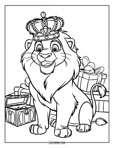 Coloriage de bonheur pour enfants : Un lion souriant couronné trône fièrement parmi des cadeaux et des trésors royaux