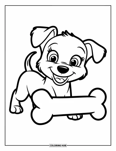 Coloriage de bonheur pour enfants : Un chiot souriant se tient à côté d'un grand os avec un air radieux