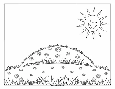 Coloriage de bonheur pour enfants : Un soleil souriant illumine une colline paisible avec de l'herbe et de petites fleurs