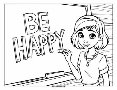 Coloriage de bonheur pour enfants : Un ado souriant écrit "Be Happy" sur un tableau noir avec des murs rayés en arrière-plan