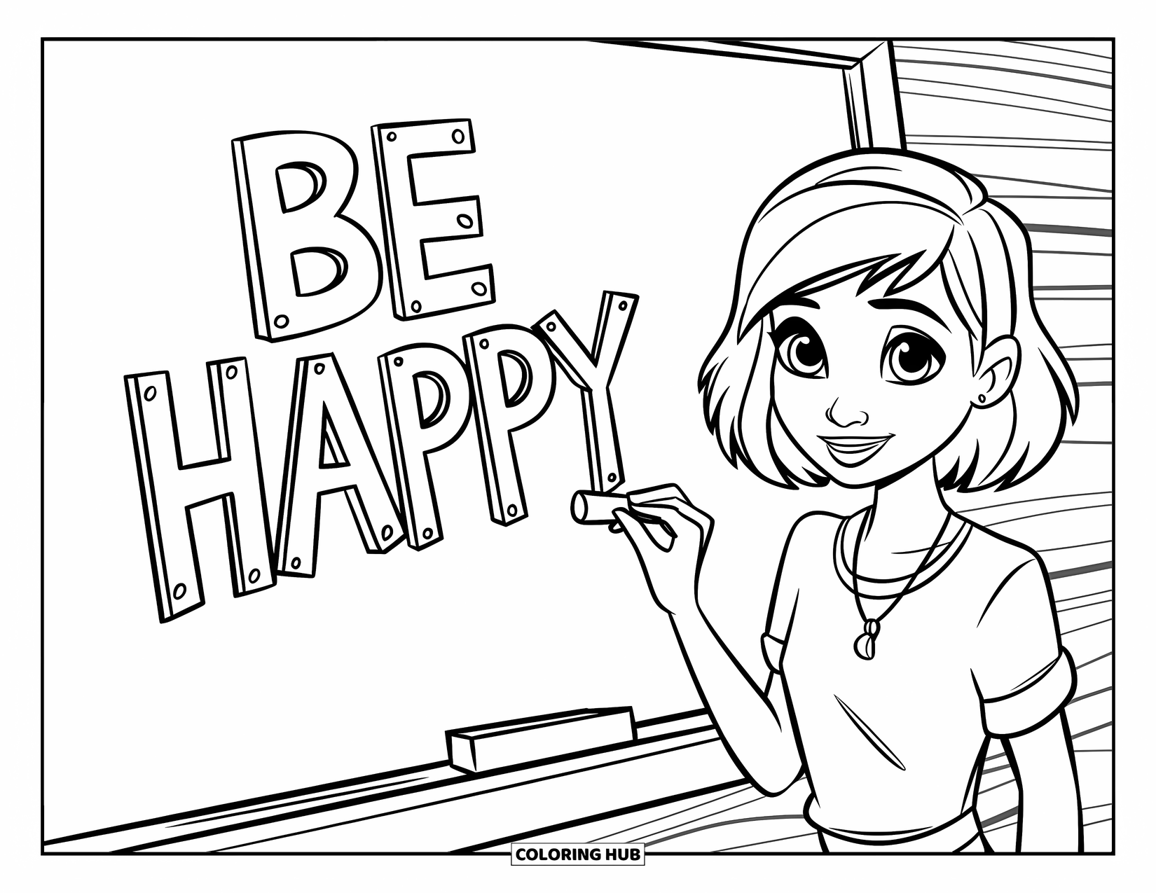 Happy Coloring Page for Kids: A smiling teen writes "Be Happy" on a chalkboard with striped walls in the background
