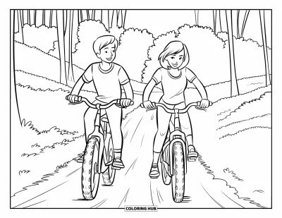 Coloriage de bonheur pour enfants : Un ado et une ado pédalent à travers un chemin forestier verdoyant avec de grands sourires