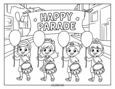 Coloriage de bonheur pour enfants : Quatre enfants défilent avec des ballons et des tambours sous une banderole "Happy Parade"