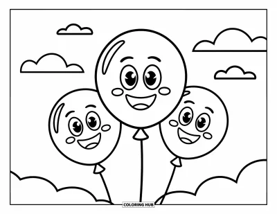 Coloriage de bonheur pour enfants : Des ballons souriants aux visages expressifs dérivent dans un ciel rempli de nuages légers