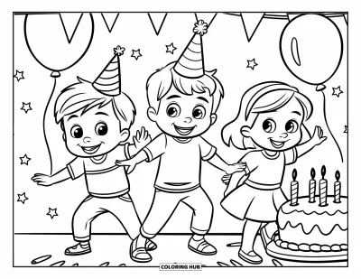 Coloriage de bonheur pour enfants : Des enfants joyeux dansent près d'un gâteau et de ballons lors d'une belle fête d'anniversaire