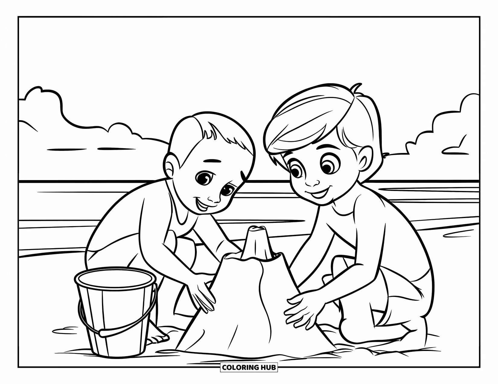 Happy Coloring Page for Kids: Kids with big smiles build a sandcastle by the ocean with clouds above
