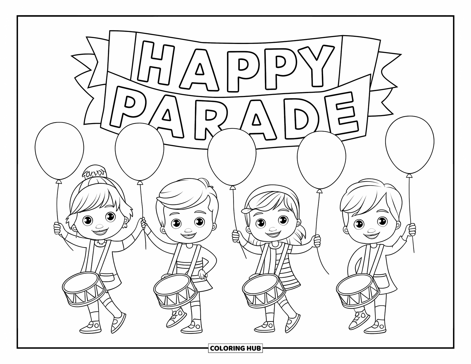 Happy Coloring Page for Kids: Smiling kids in stylish outfits hold drums and balloons beneath a festive parade banner