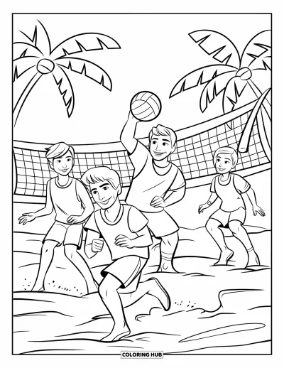 Coloriage de bonheur pour enfants : Des ados en tenues sportives jouent au volley sur la plage sous un ciel venteux