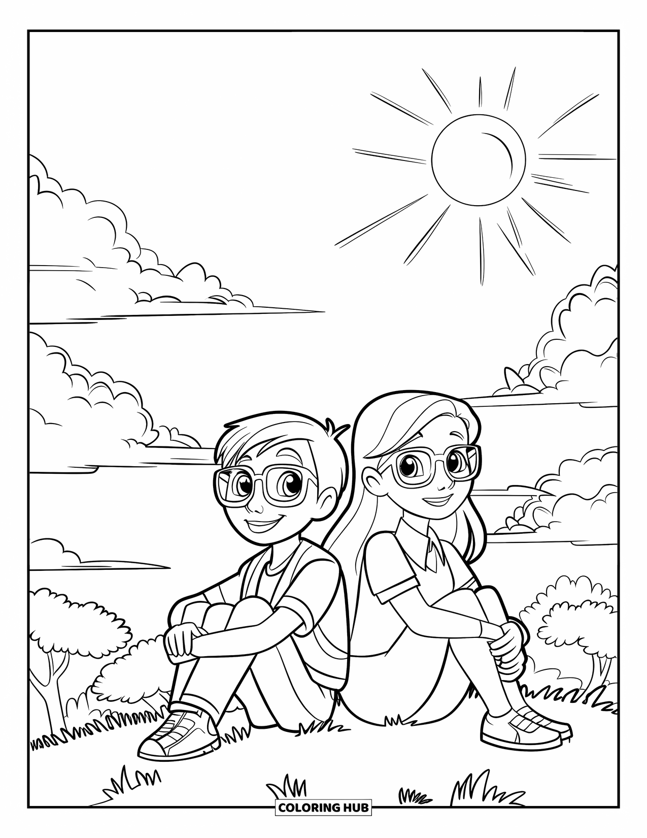 Happy Coloring Page for Kids: Teens with glasses sit on a hill, gazing at clouds in a peaceful open field