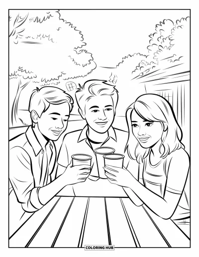 Coloriage de bonheur pour enfants : Trois amis trinquent avec des gobelets à une table de pique-nique entourée d'arbres et d'un bâtiment