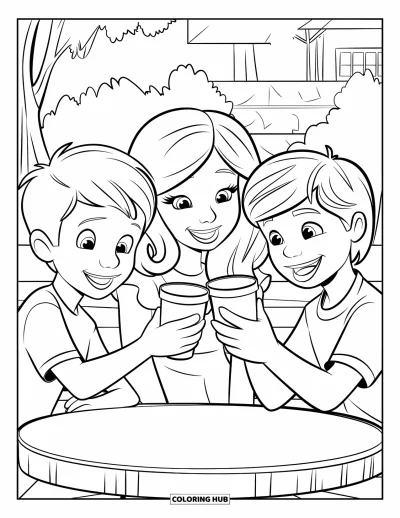 Coloriage de bonheur pour enfants : Trois amis souriants trinquent avec des gobelets à une table de pique-nique près d'arbres et d'un bâtiment