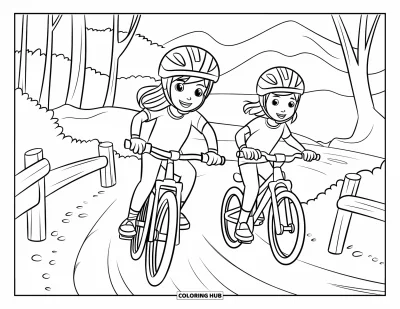 Coloriage de bonheur pour enfants : Deux amis font du vélo sur un sentier forestier avec des casques, des arbres et des vues sur les montagnes