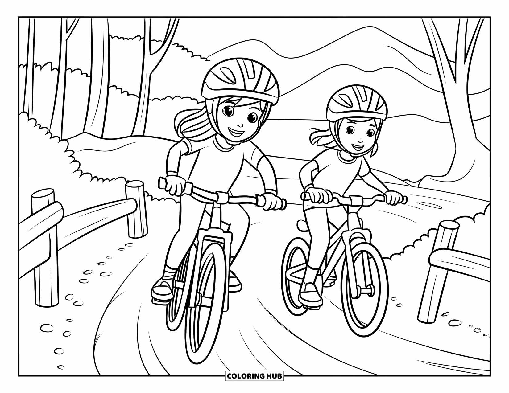 Happy Coloring Page for Kids: Two friends bike along a forest trail with helmets, trees, and mountain views