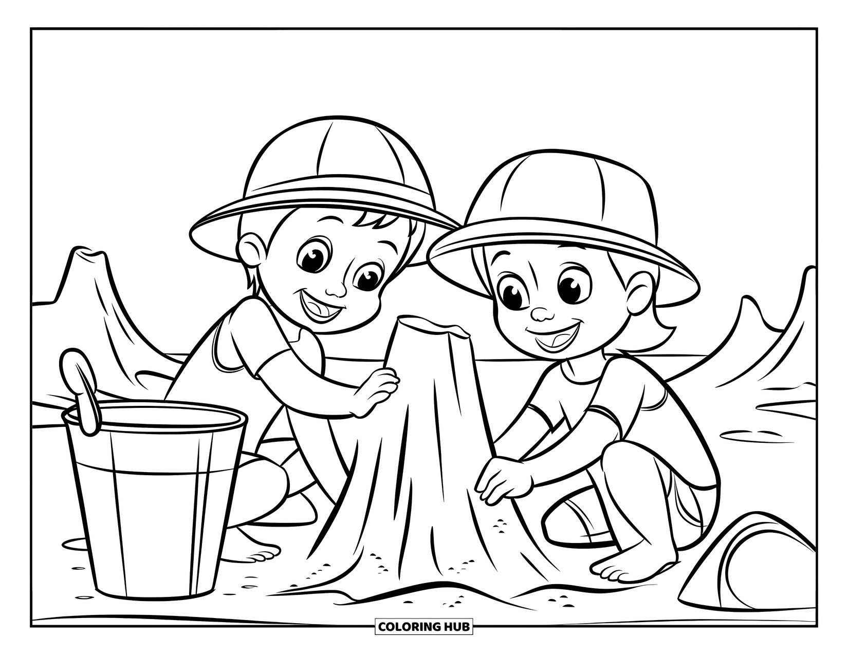 Happy Coloring Page for Kids: Two happy kids build a sandcastle near a bucket on a sunny beachfront