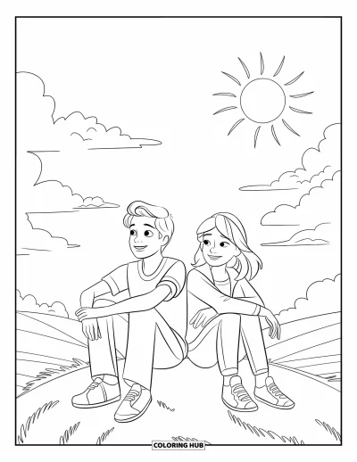 Coloriage de bonheur pour enfants : Deux ados heureux assis sous un ciel lumineux profitent du soleil et des douces collines