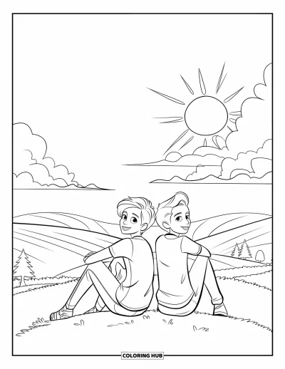 Coloriage de bonheur pour enfants : Deux ados assis sur une colline herbeuse profitent du soleil brillant et des nuages duveteux