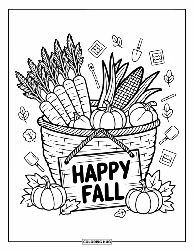 Coloriage bon automne pour adultes : Un panier de légumes repose à côté de petits outils et d'un mignon panneau « Vive l’automne »