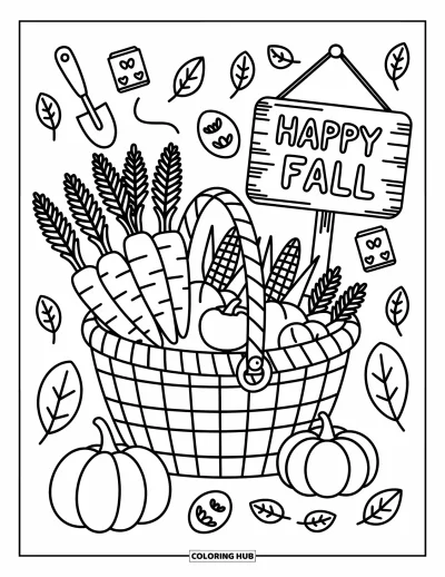 Coloriage bon automne pour adultes : Un panier déborde de légumes d'automne à côté d'un panneau de jardin qui dit « Vive l’automne »