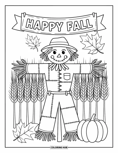 Coloriage bon automne pour adultes : Un bon épouvantail avec des feuilles et une citrouille repose sous une banderole « Vive l’automne »