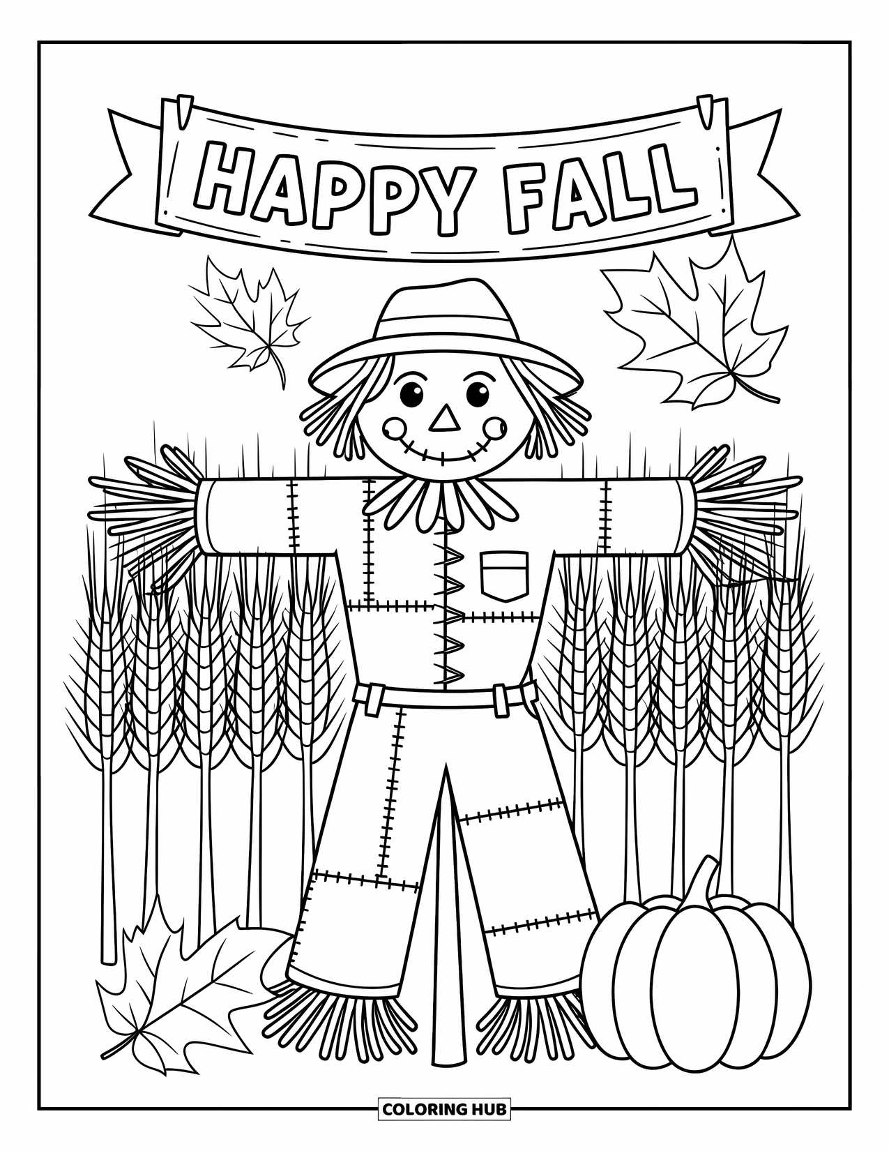 Happy Fall Coloring Page for Adults: A cheerful scarecrow with leaves and a pumpkin rests below a "Happy Fall" banner