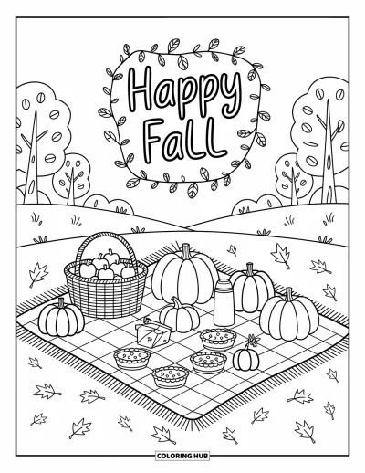 Coloriage bon automne pour adultes : Un pique-nique d'automne douillet présente des pommes, de la tarte et des citrouilles avec des vignes enroulées « Vive l’automne »