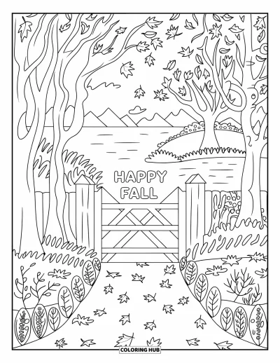 Coloriage bon automne pour adultes : Un sentier forestier douillet se termine à un portail en bois sur lequel est inscrit « Vive l’automne »