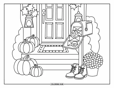 Coloriage bon automne pour adultes : Un porche douillet avec des citrouilles empilées, des bottes et du courrier d'automne débordant de la boîte aux lettres