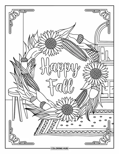 Coloriage bon automne pour adultes : Une pièce douillette présente une couronne d'automne en épis de maïs et glands avec « Vive l’automne » à l'intérieur