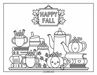 Coloriage bon automne pour adultes : Une étagère accueillante présente des tasses à thème automnal, des livres et un ludique panneau « Vive l’automne »