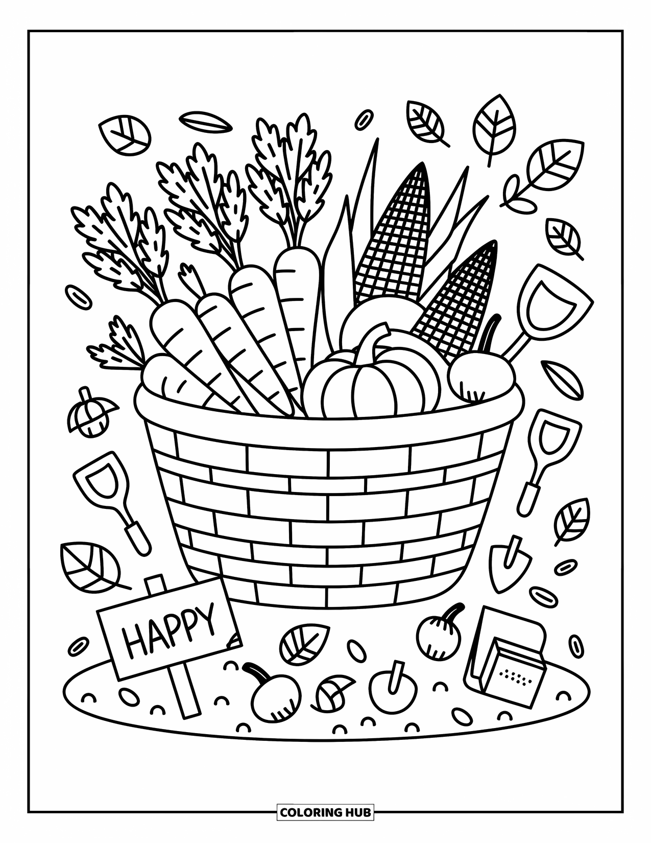 Happy Fall Coloring Page for Adults: A cozy veggie basket with corn, pumpkins, and a nearby "Happy Fall" garden sign
