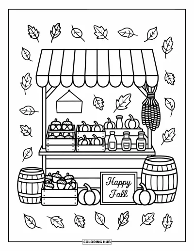Coloriage bon automne pour adultes : Un mignon étal de marché déborde de citrouilles, de bocaux et d'un tableau noir avec « Vive l’automne »