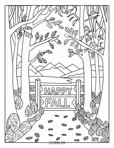 Coloriage bon automne pour adultes : Un sentier forestier mène à un portail en bois avec un ludique « Vive l’automne » au-dessus