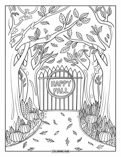 Coloriage bon automne pour adultes : Un portail avec « Vive l’automne » enjambe un chemin forestier couvert de feuilles
