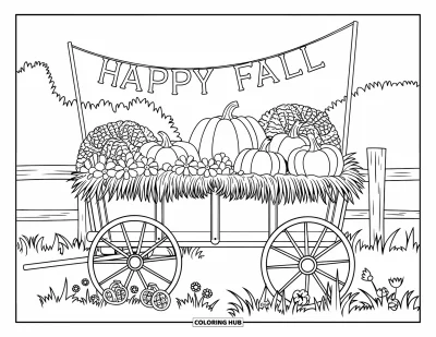 Coloriage bon automne pour adultes : Un chariot de foin rempli de citrouilles et de fleurs repose sous un drapeau « Vive l’automne »