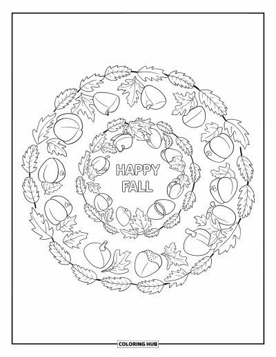 Coloriage bon automne pour adultes : Une spirale de feuilles et de glands entoure un chaleureux message « Vive l’automne »