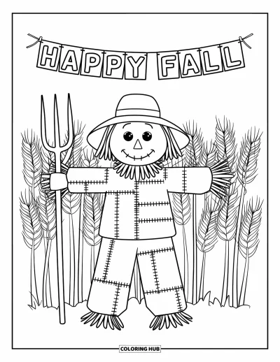 Coloriage bon automne pour adultes : Un épouvantail en patchwork se tient dans un champ de récolte sous une banderole « Vive l’automne »