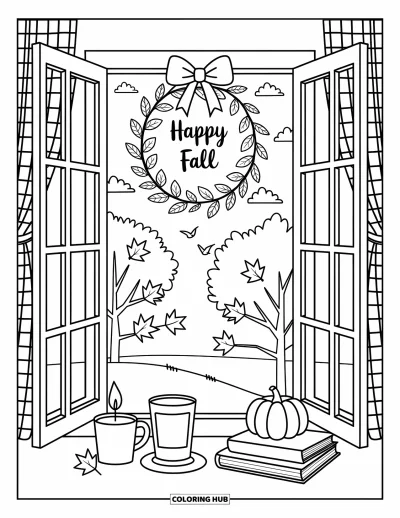 Coloriage bon automne pour adultes : Une fenêtre paisible montre des arbres d'automne et des oiseaux avec une jolie couronne « Vive l’automne » au-dessus