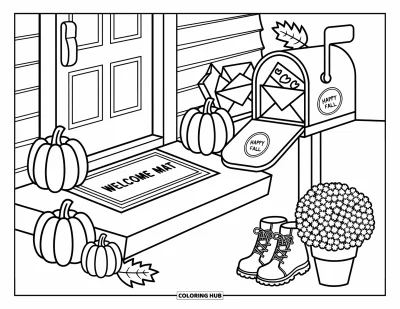 Coloriage bon automne pour adultes : Un porche avec des citrouilles empilées, des bottes confortables et une boîte aux lettres pleine de courriers d'automne