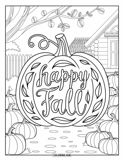 Coloriage bon automne pour adultes : Un mandala de citrouille et des volutes feuillues encadrent un chaleureux message « Vive l’automne »