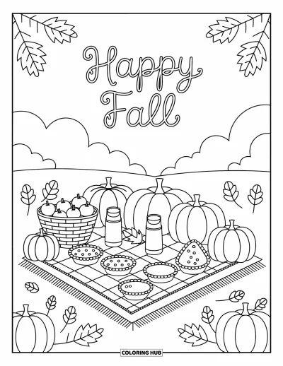 Coloriage bon automne pour adultes : Un pique-nique dans un champ de citrouilles avec de la tarte et des pommes repose sous un doux message « Vive l’automne »