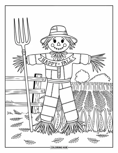 Coloriage bon automne pour adultes : Un épouvantail rustique en vêtements patchwork tient une fourche près d'un ruban « Vive l’automne »