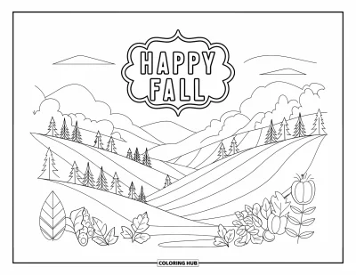 Coloriage bon automne pour adultes : Un belvédère pittoresque montre des collines et des forêts d'automne avec un message encadré « Vive l’automne »