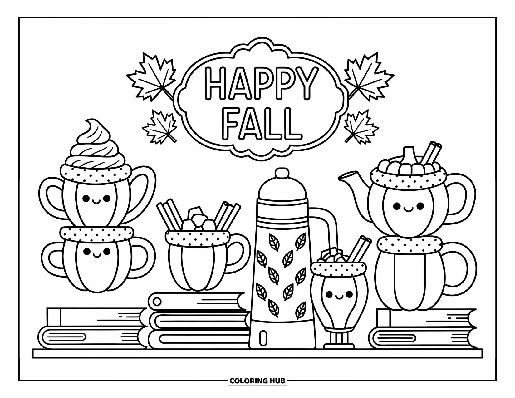 Happy Fall Coloring Page for Adults: A shelf holds fall mugs, teapots, books, and a cozy "Happy Fall" sign