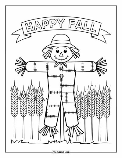 Coloriage bon automne pour adultes : Un épouvantail souriant se tient fièrement avec une fourche et un panneau « Vive l’automne »