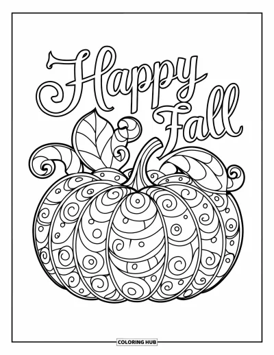Coloriage bon automne pour adultes : Un motif de citrouille en spirale avec des feuilles tourbillonnantes met en valeur un mignon message « Vive l’automne »