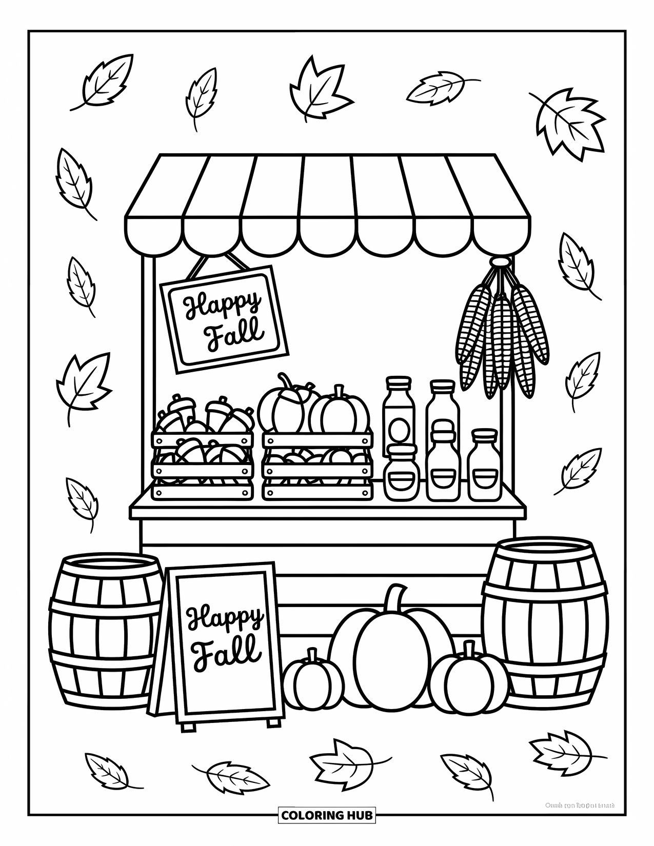 Happy Fall Coloring Page for Adults: A striped stall displays fall goodies with a "Happy Fall" sign and scattered leaves