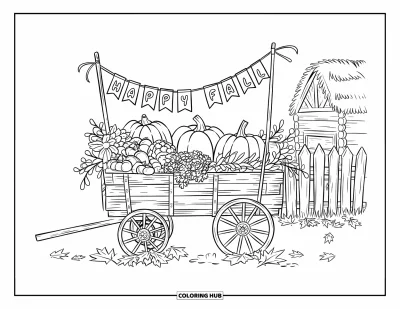 Coloriage bon automne pour adultes : Une charrette débordante de spécialités d'automne est placée près d'une clôture et d'un charmant bâtiment