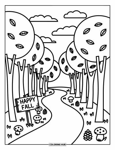 Coloriage bon automne pour adultes : Un sentier forestier sinueux présente des pommes de pin, des champignons et un panneau sculpté « Vive l’automne »