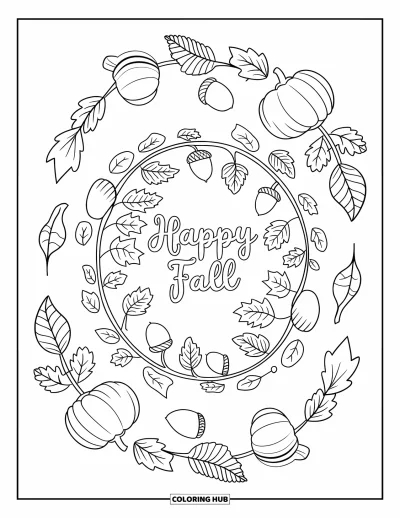 Coloriage bon automne pour adultes : Des glands et des courges s'enroulent dans un apaisant motif « Vive l’automne » pour les amoureux de l'automne