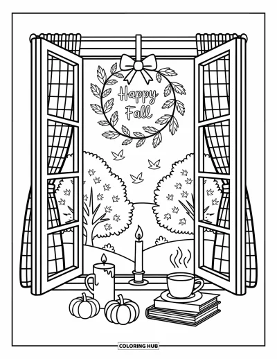 Coloriage bon automne pour adultes : Une vue par une fenêtre ouverte avec une bougie, une boisson chaude, des livres et une couronne suspendue « Vive l’automne »